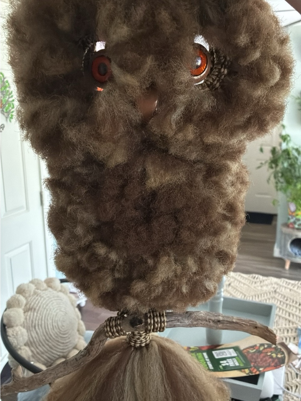 Vintage handmade macrame fuzzy Brown Owl Decor with Amber Eyes